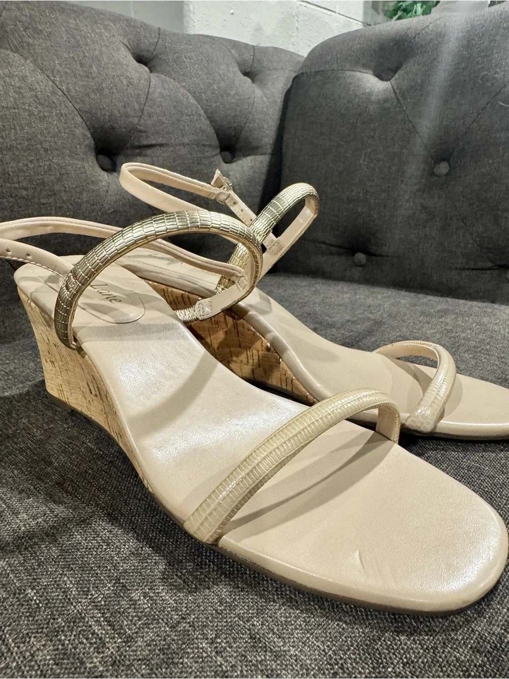 Essex Lane Daniela 8 Wedge Sandals with Gold Accent Straps - Nude